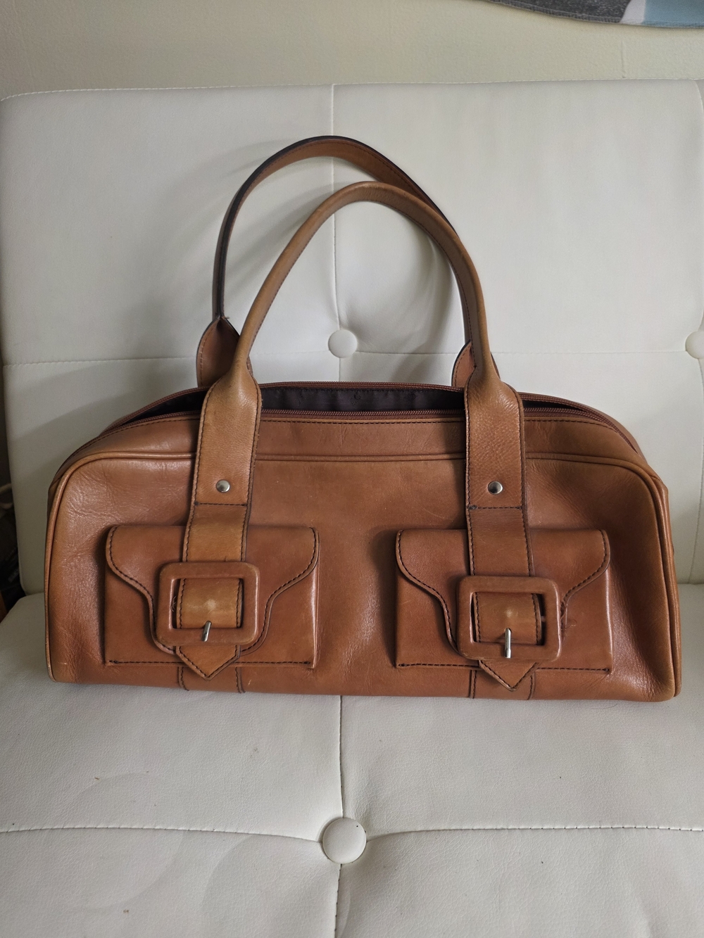 Kenneth Cole Tan Leather Duffel Bag with Front Buckle Pockets